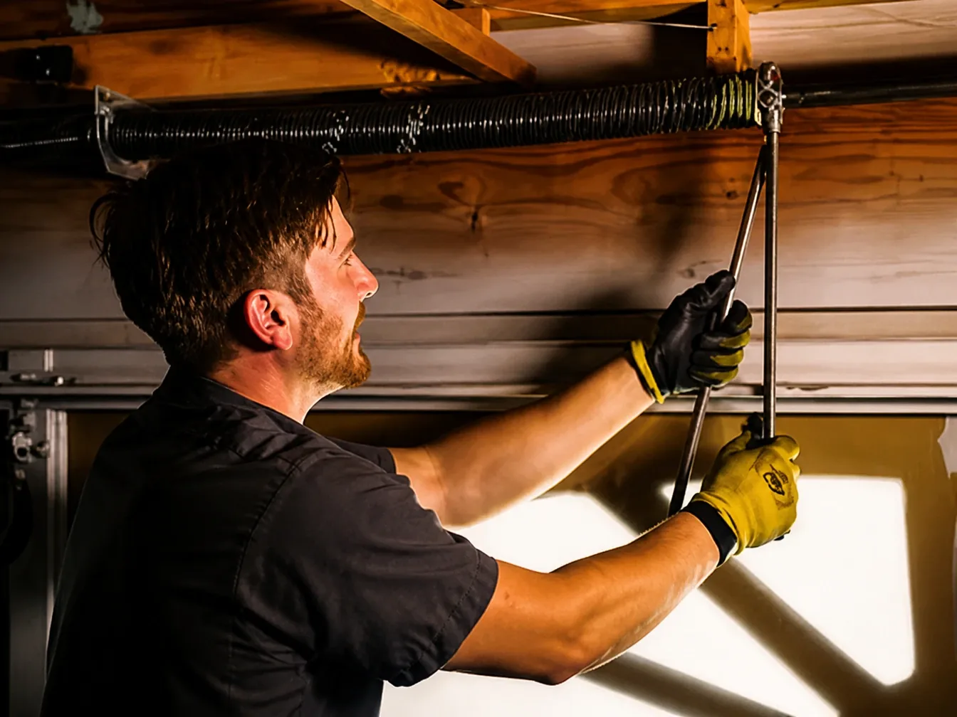 Lake Country garage door technician replacing a broken torsion spring on a residential door